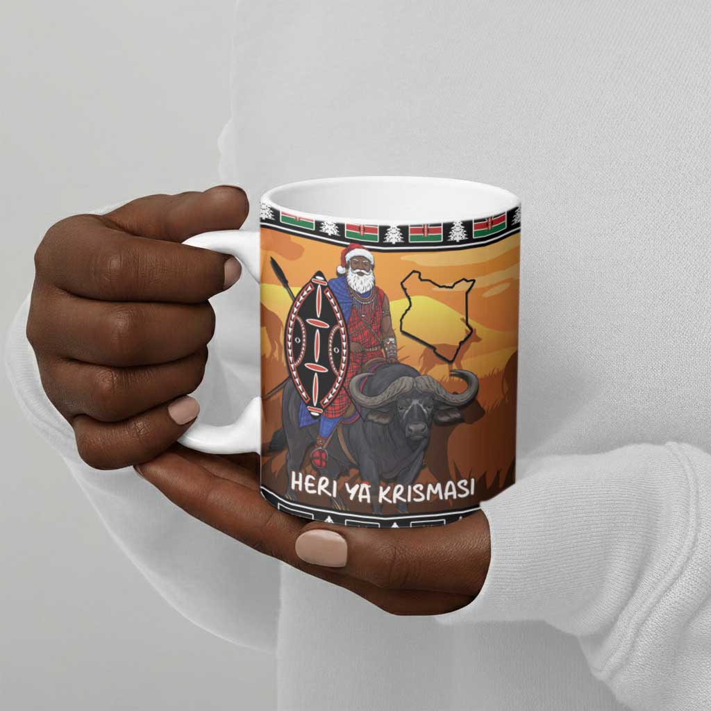 Kenya Safari Christmas Ceramic Mug Black Santa Riding Cape Buffalo - Heri ya Krismasi