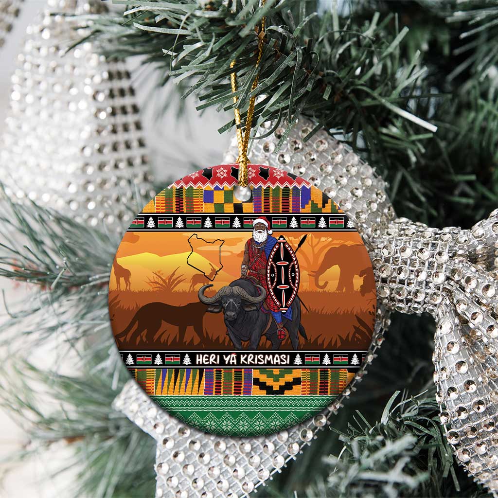 Afro Christmas in Kenya Safari Ceramic Ornament Black Santa Riding Cape Buffalo - African Pride