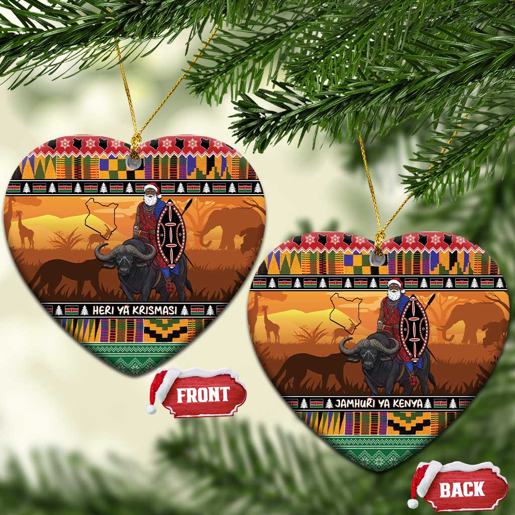 Afro Christmas in Kenya Safari Ceramic Ornament Black Santa Riding Cape Buffalo - African Pride