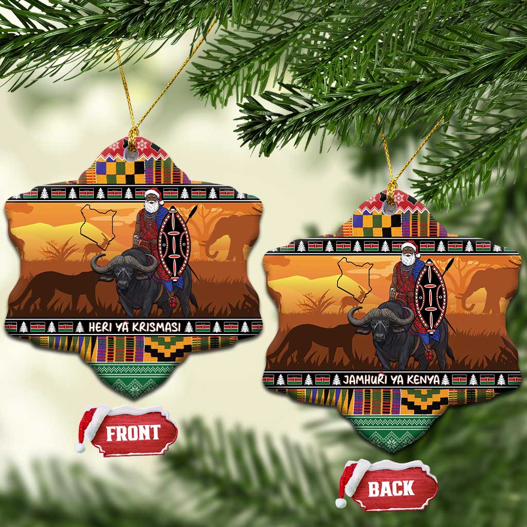Afro Christmas in Kenya Safari Ceramic Ornament Black Santa Riding Cape Buffalo - African Pride