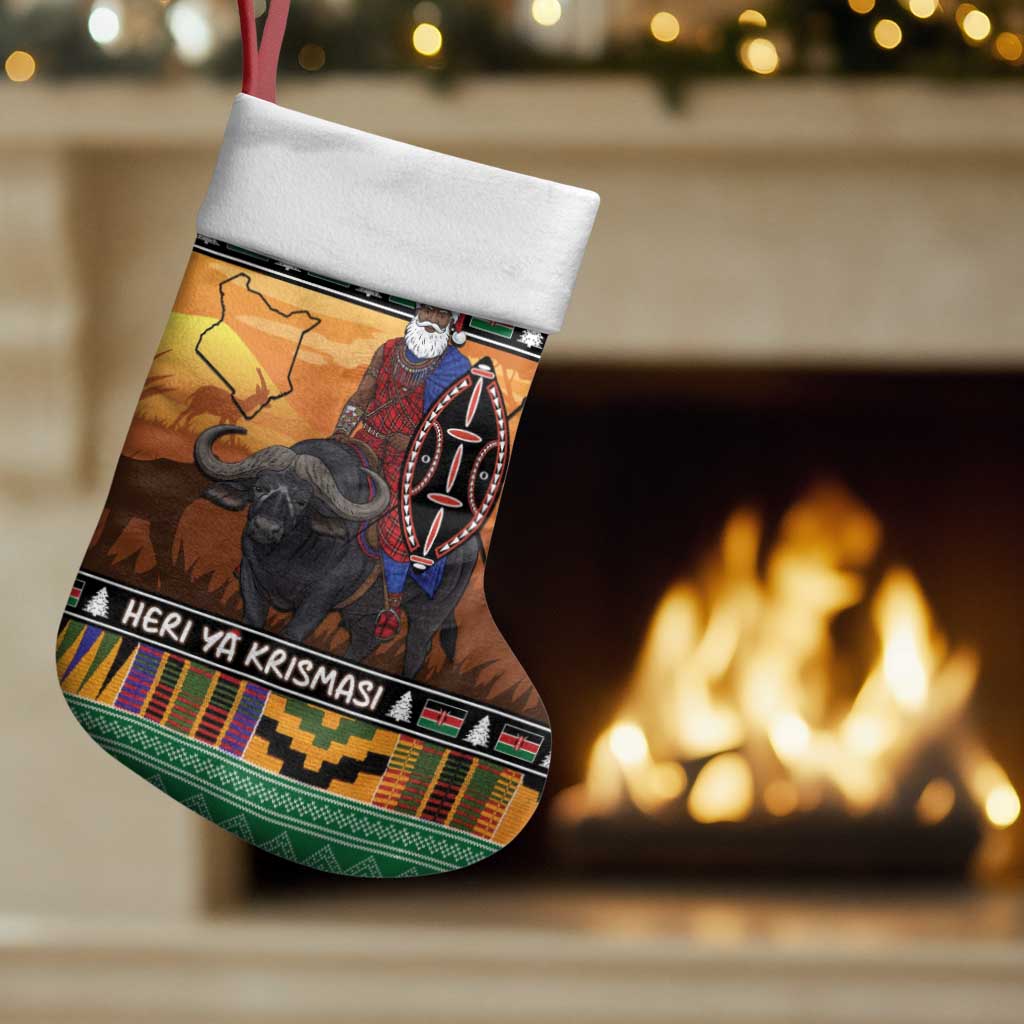 Afro Christmas in Kenya Safari Christmas Stocking Black Santa Riding Cape Buffalo - African Pride