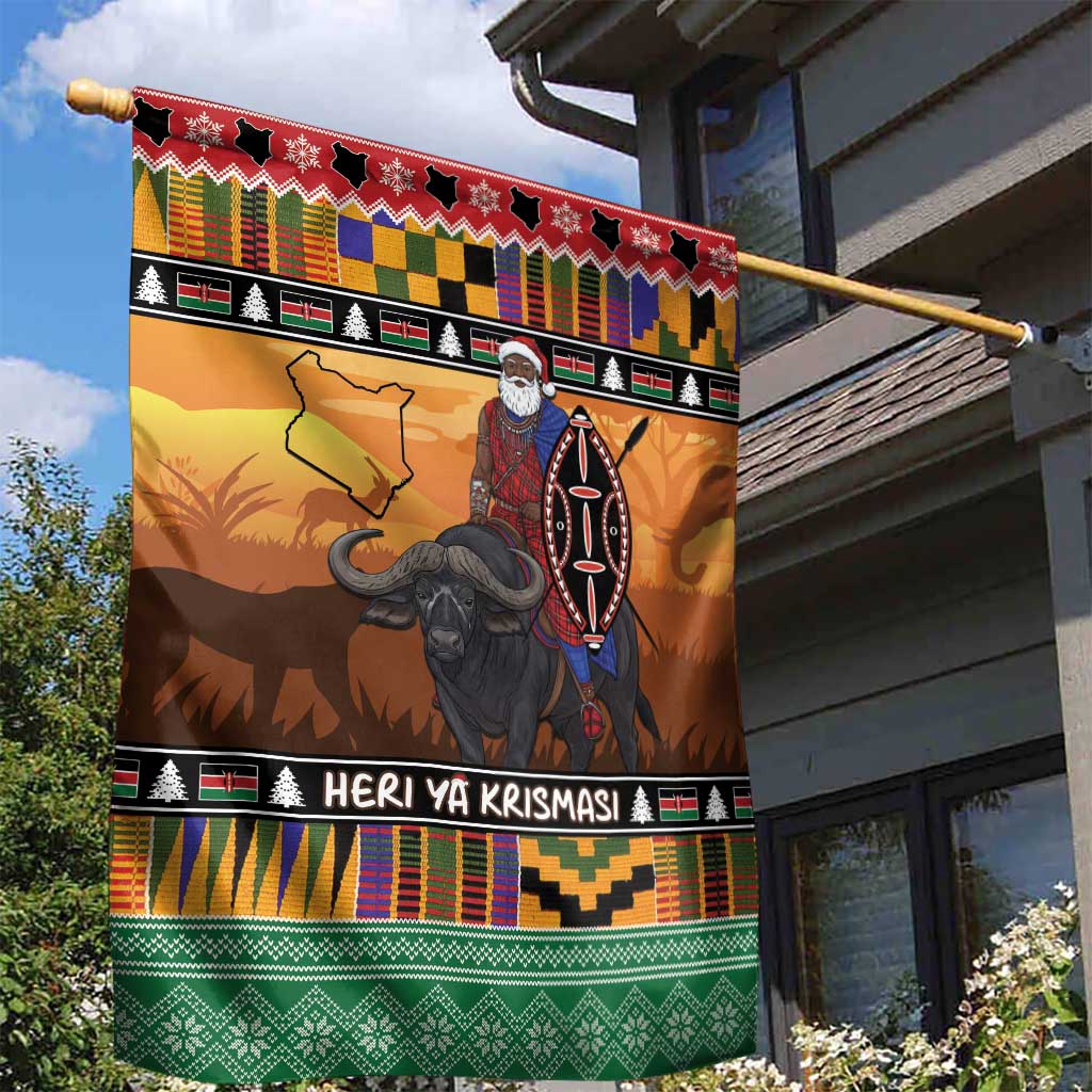 Afro Christmas in Kenya Safari Garden Flag Black Santa Riding Cape Buffalo - African Pride
