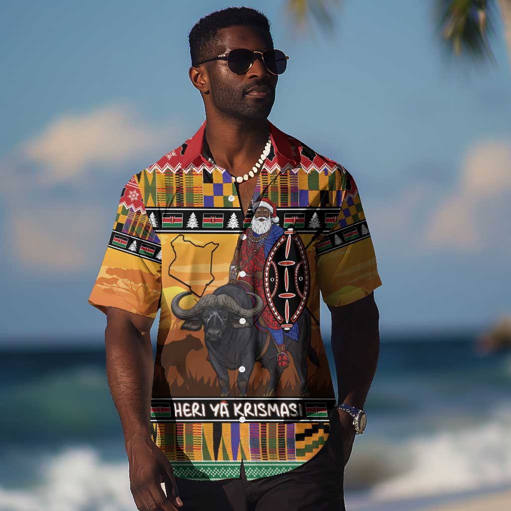 Afro Christmas in Kenya Safari Hawaiian Shirt Black Santa Riding Cape Buffalo - African Pride