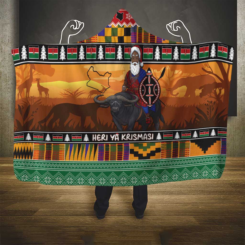Afro Christmas in Kenya Safari Hooded Blanket Black Santa Riding Cape Buffalo - African Pride