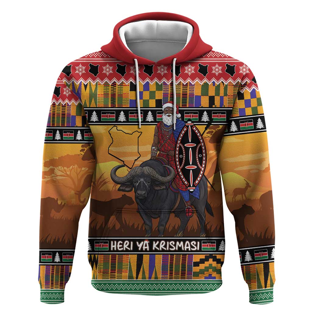 Afro Christmas in Kenya Safari Hoodie Black Santa Riding Cape Buffalo - African Pride
