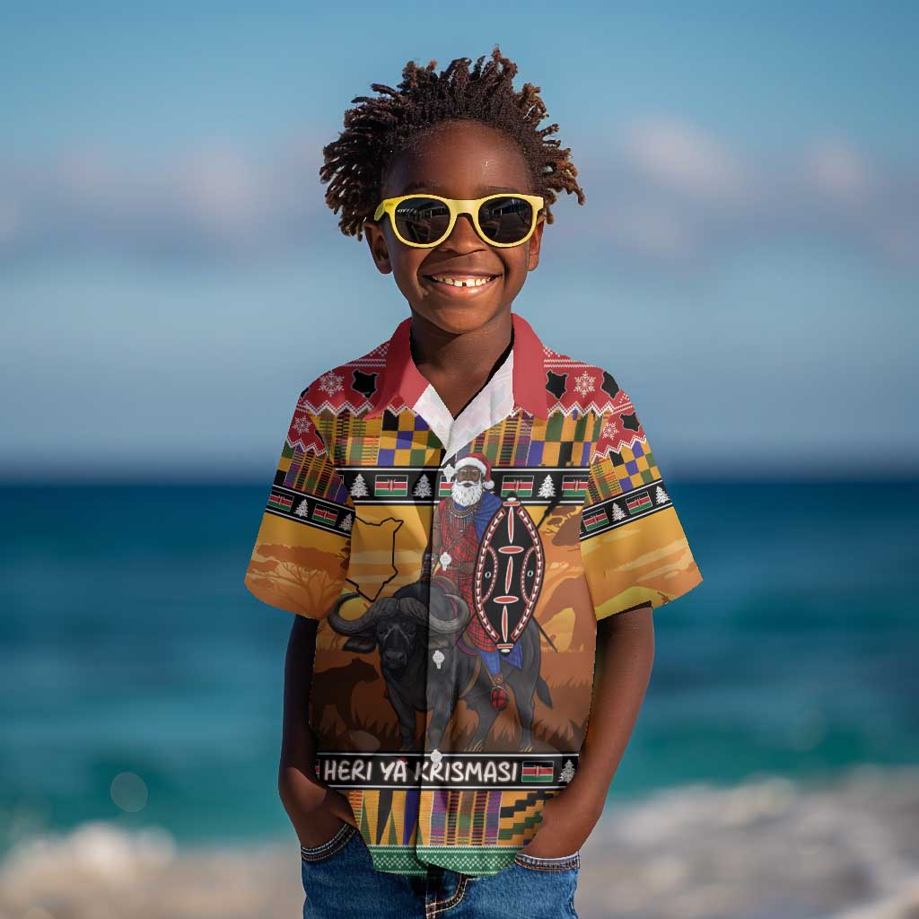 Afro Christmas in Kenya Safari Kid Hawaiian Shirt Black Santa Riding Cape Buffalo - African Pride