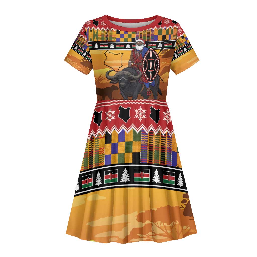 Afro Christmas in Kenya Safari Kid Short Sleeve Dress Black Santa Riding Cape Buffalo - African Pride