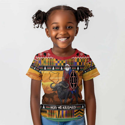 Afro Christmas in Kenya Safari Kid T shirt Black Santa Riding Cape Buffalo - African Pride