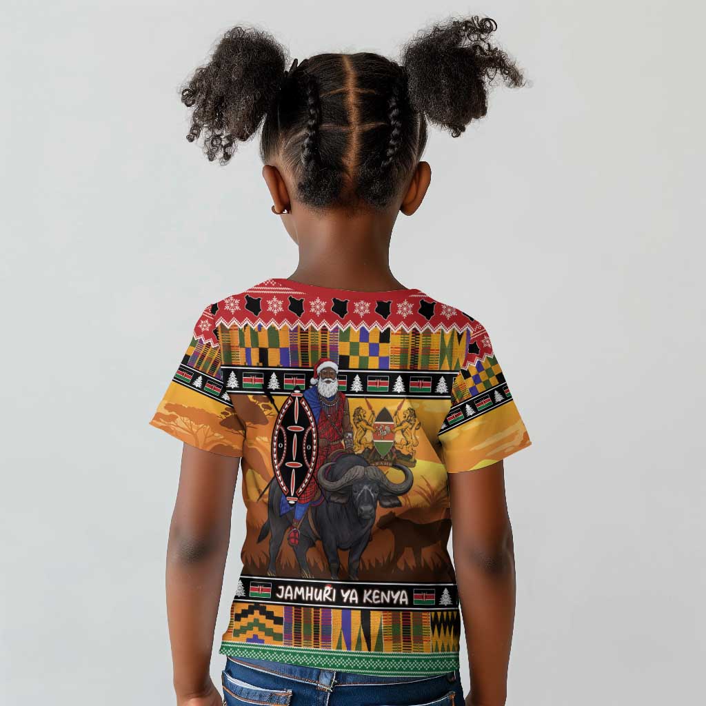 Afro Christmas in Kenya Safari Kid T shirt Black Santa Riding Cape Buffalo - African Pride
