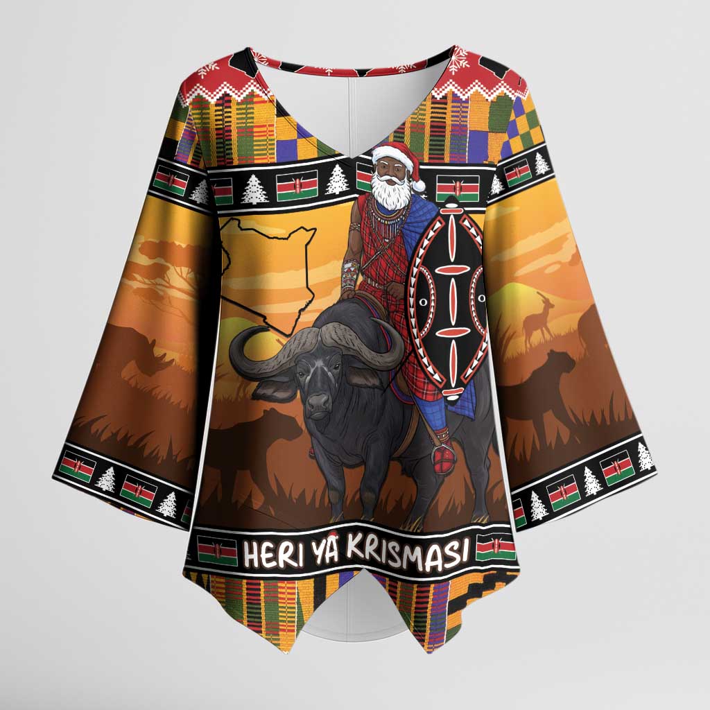 Kenya Safari Christmas Kimono Sleeve Blouse Black Santa Riding Cape Buffalo - Heri ya Krismasi