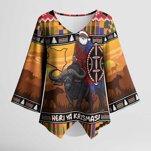 Kenya Safari Christmas Kimono Sleeve Blouse Black Santa Riding Cape Buffalo - Heri ya Krismasi