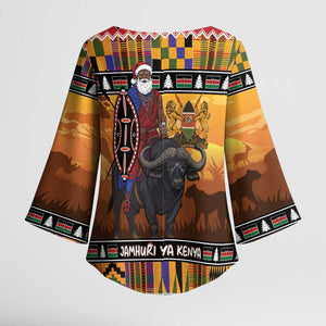 Kenya Safari Christmas Kimono Sleeve Blouse Black Santa Riding Cape Buffalo - Heri ya Krismasi