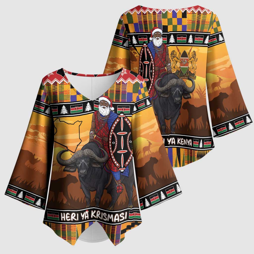 Kenya Safari Christmas Kimono Sleeve Blouse Black Santa Riding Cape Buffalo - Heri ya Krismasi