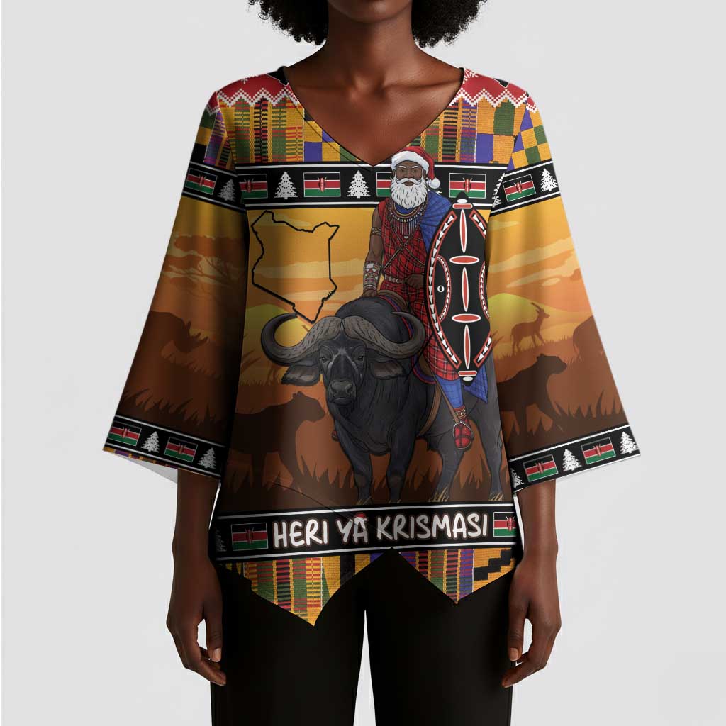 Kenya Safari Christmas Kimono Sleeve Blouse Black Santa Riding Cape Buffalo - Heri ya Krismasi