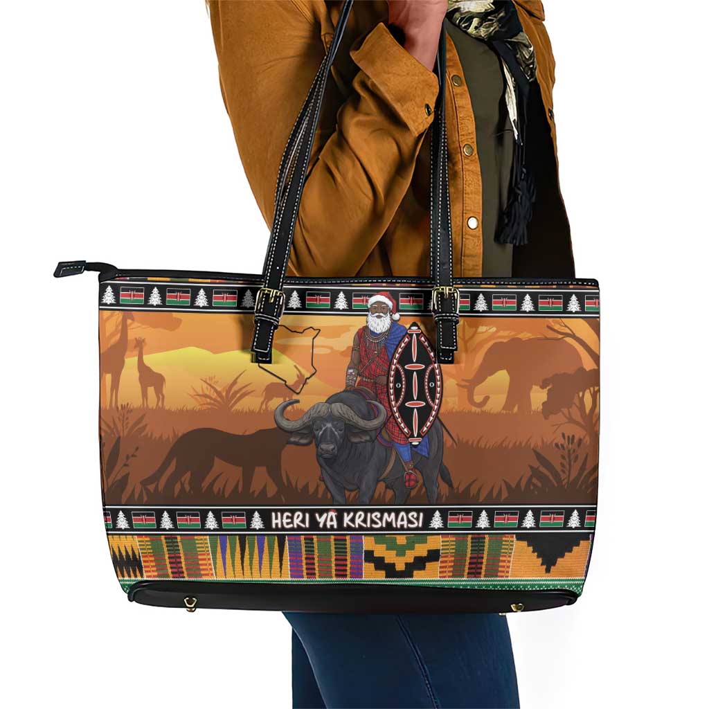 Afro Christmas in Kenya Safari Leather Tote Bag Black Santa Riding Cape Buffalo - African Pride