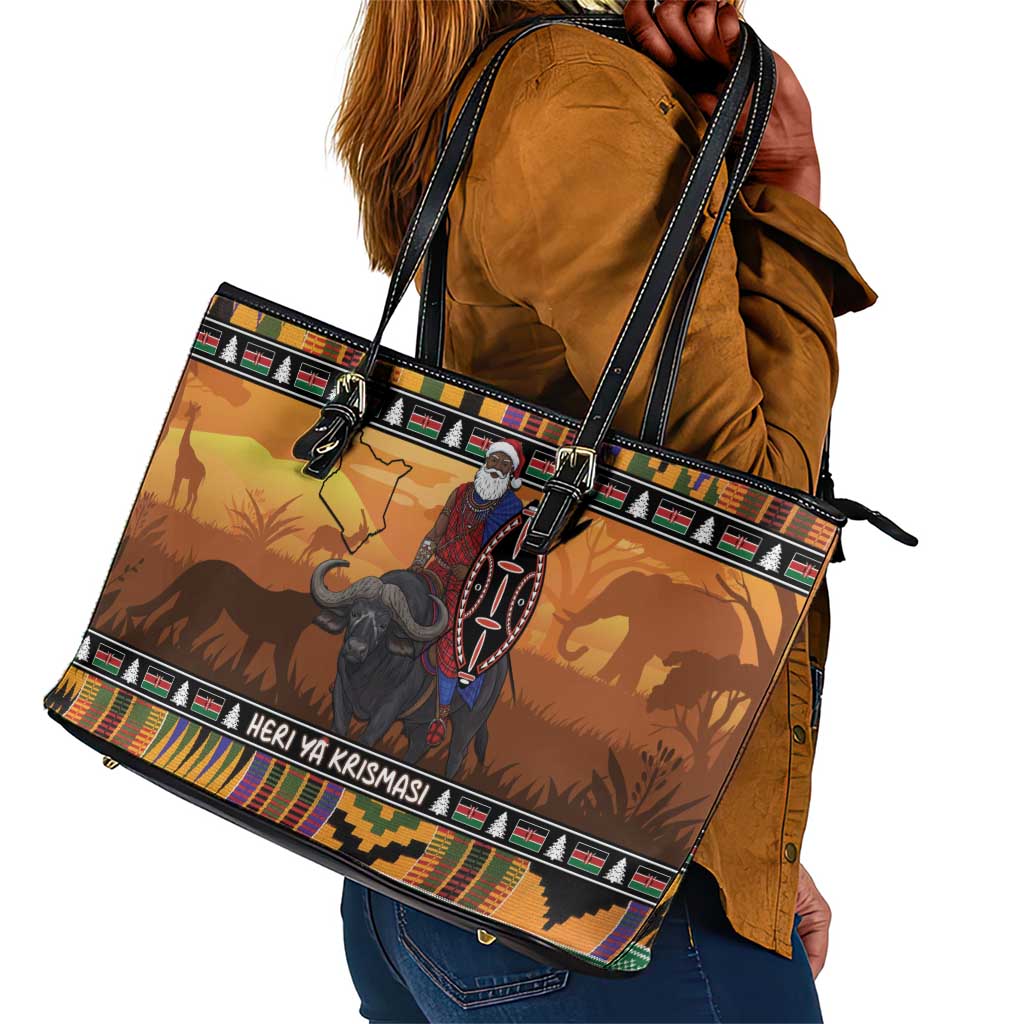 Afro Christmas in Kenya Safari Leather Tote Bag Black Santa Riding Cape Buffalo - African Pride