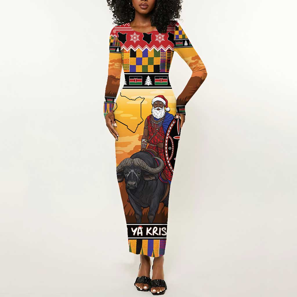 Afro Christmas in Kenya Safari Long Sleeve Bodycon Dress Black Santa Riding Cape Buffalo - African Pride