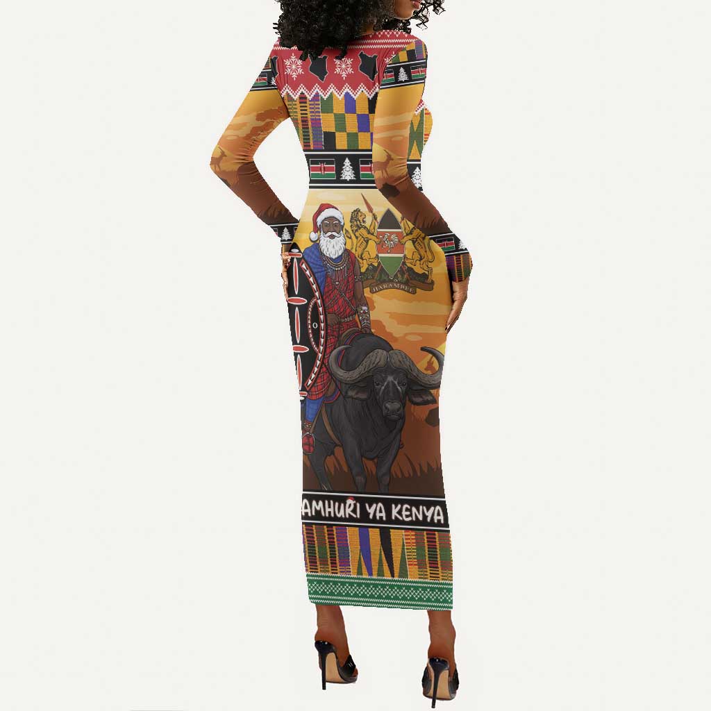 Afro Christmas in Kenya Safari Long Sleeve Bodycon Dress Black Santa Riding Cape Buffalo - African Pride