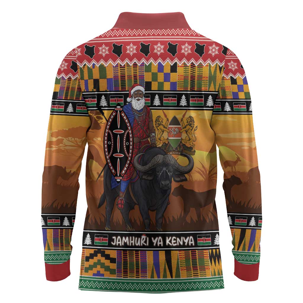 Afro Christmas in Kenya Safari Long Sleeve Polo Shirt Black Santa Riding Cape Buffalo - African Pride