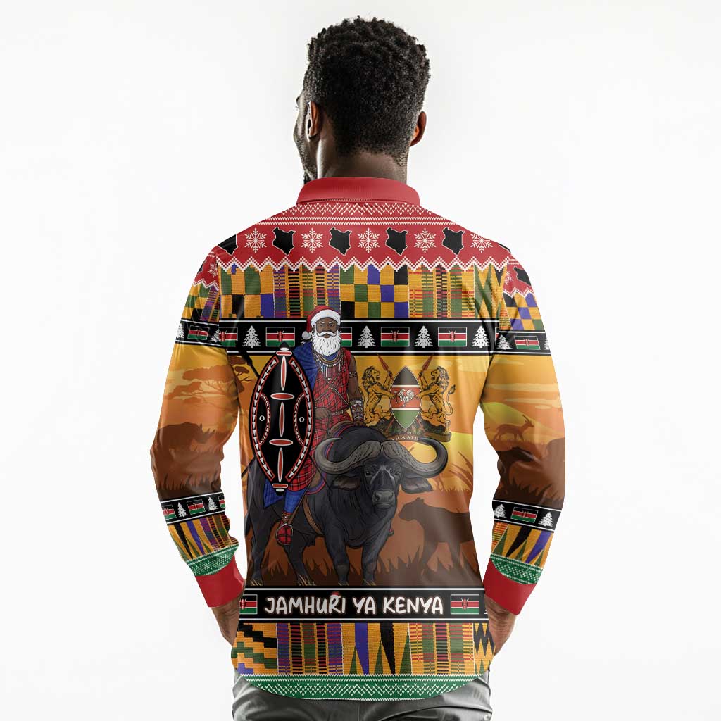 Afro Christmas in Kenya Safari Long Sleeve Polo Shirt Black Santa Riding Cape Buffalo - African Pride