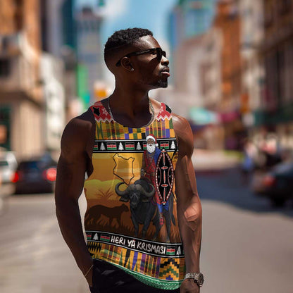 Afro Christmas in Kenya Safari Men Tank Top Black Santa Riding Cape Buffalo - African Pride
