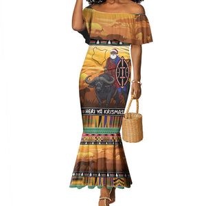 Afro Christmas in Kenya Safari Mermaid Dress Black Santa Riding Cape Buffalo - African Pride