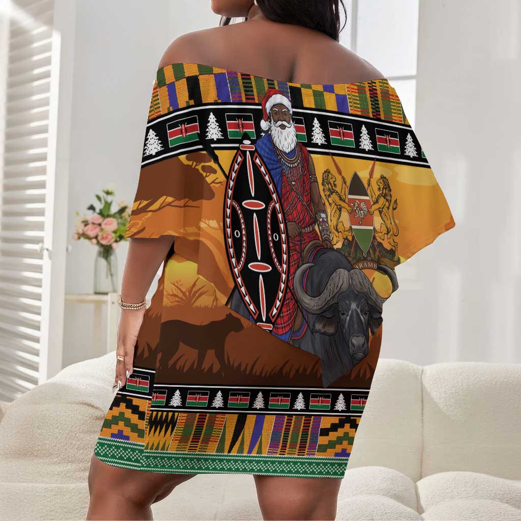 Afro Christmas in Kenya Safari Off Shoulder Short Dress Black Santa Riding Cape Buffalo - African Pride