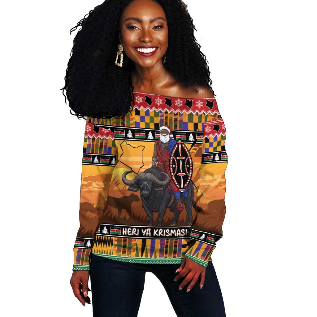 Afro Christmas in Kenya Safari Off Shoulder Sweater Black Santa Riding Cape Buffalo - African Pride