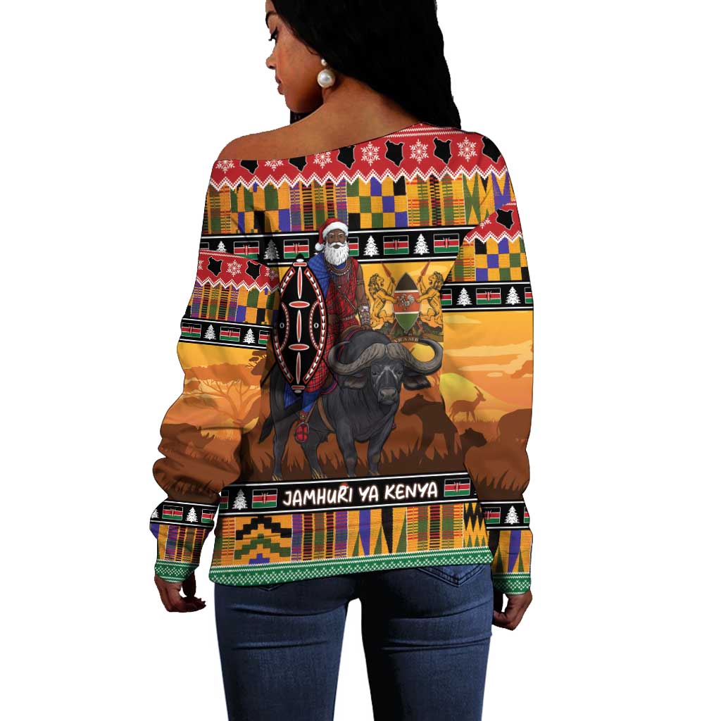 Afro Christmas in Kenya Safari Off Shoulder Sweater Black Santa Riding Cape Buffalo - African Pride