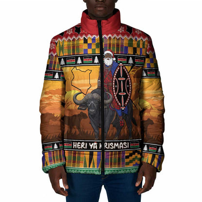 Kenya Safari Christmas Padded Jacket Black Santa Riding Cape Buffalo - Heri ya Krismasi