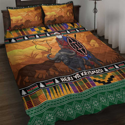 Afro Christmas in Kenya Safari Quilt Bed Set Black Santa Riding Cape Buffalo - African Pride