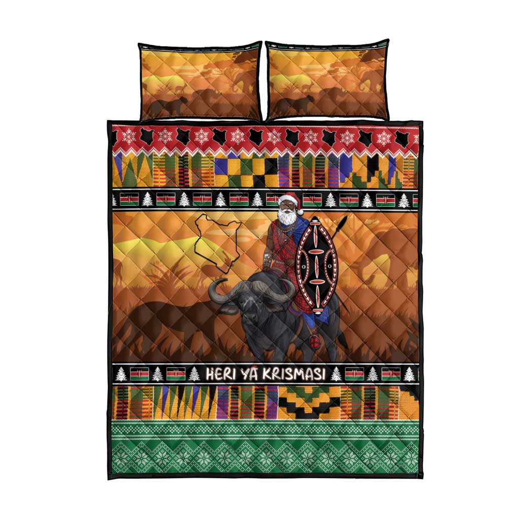Afro Christmas in Kenya Safari Quilt Bed Set Black Santa Riding Cape Buffalo - African Pride