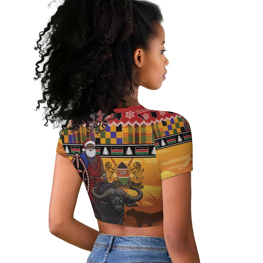 Afro Christmas in Kenya Safari Raglan Cropped T shirt Black Santa Riding Cape Buffalo - African Pride