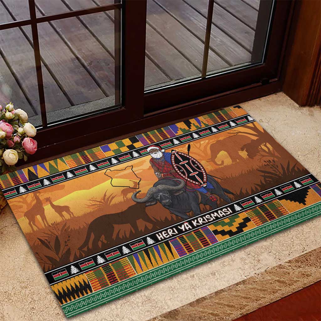 Afro Christmas in Kenya Safari Rubber Doormat Black Santa Riding Cape Buffalo - African Pride