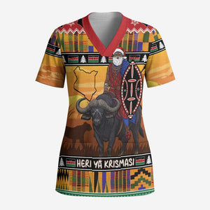 Kenya Safari Christmas Scrub Top Black Santa Riding Cape Buffalo - Heri ya Krismasi - African Pride