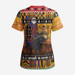 Kenya Safari Christmas Scrub Top Black Santa Riding Cape Buffalo - Heri ya Krismasi - African Pride