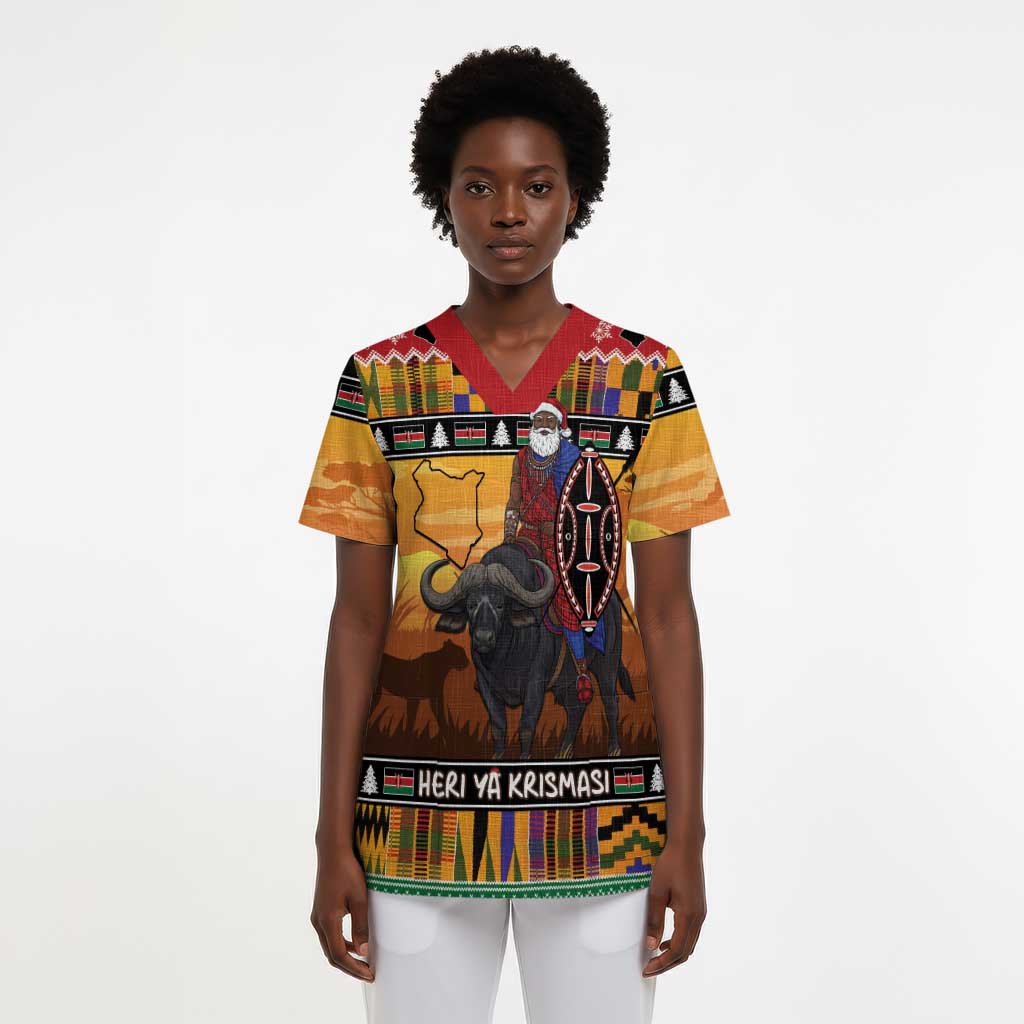 Kenya Safari Christmas Scrub Top Black Santa Riding Cape Buffalo - Heri ya Krismasi - African Pride