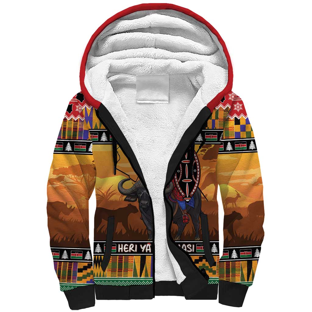 Afro Christmas in Kenya Safari Sherpa Hoodie Black Santa Riding Cape Buffalo - African Pride