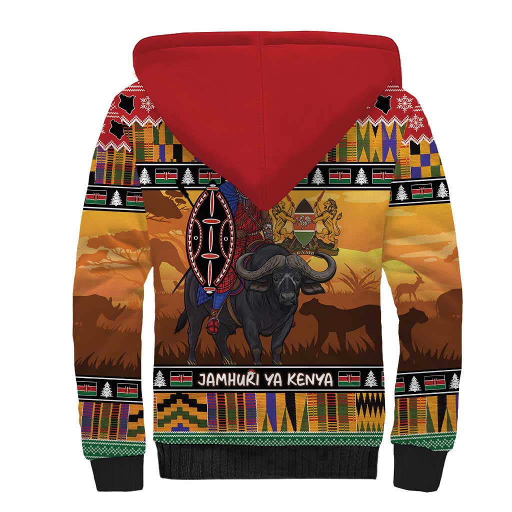 Afro Christmas in Kenya Safari Sherpa Hoodie Black Santa Riding Cape Buffalo - African Pride