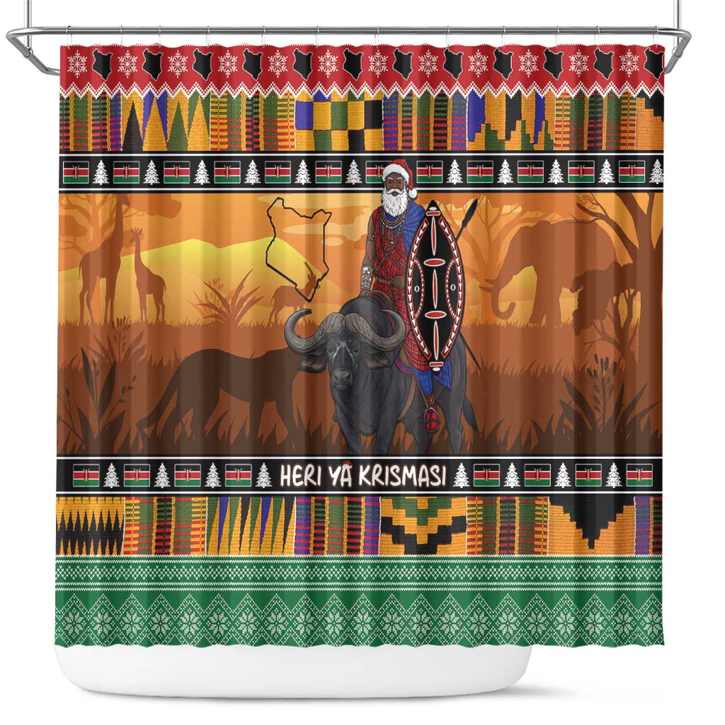 Afro Christmas in Kenya Safari Shower Curtain Black Santa Riding Cape Buffalo - African Pride