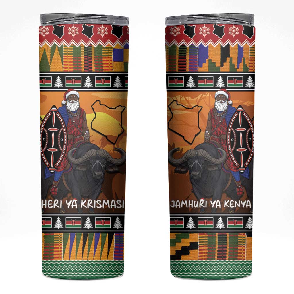 Afro Christmas in Kenya Safari Skinny Tumbler Black Santa Riding Cape Buffalo - African Pride