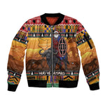 Afro Christmas in Kenya Safari Sleeve Zip Bomber Jacket Black Santa Riding Cape Buffalo - African Pride