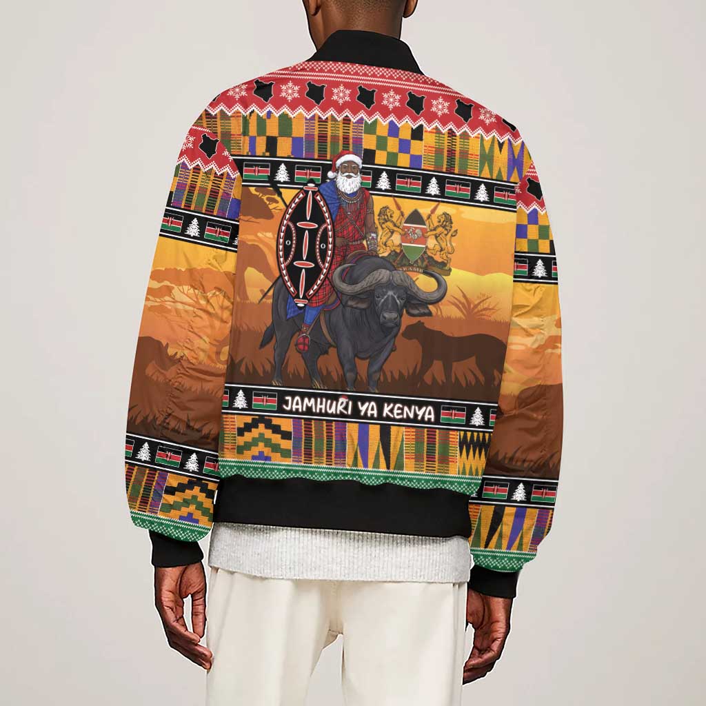 Afro Christmas in Kenya Safari Sleeve Zip Bomber Jacket Black Santa Riding Cape Buffalo - African Pride