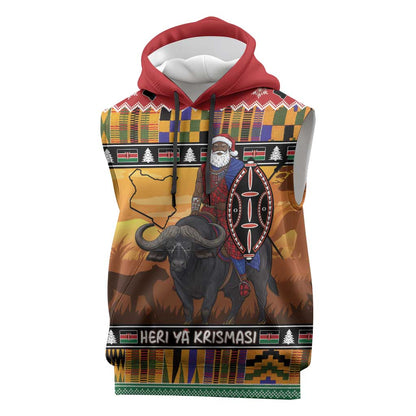 Afro Christmas in Kenya Safari Sleeveless Hoodie Black Santa Riding Cape Buffalo - African Pride