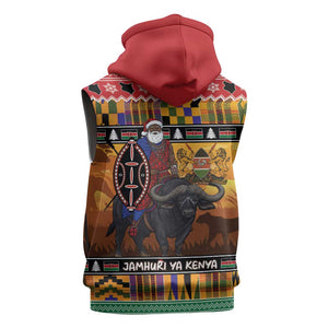 Afro Christmas in Kenya Safari Sleeveless Hoodie Black Santa Riding Cape Buffalo - African Pride