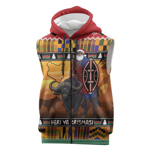 Afro Christmas in Kenya Safari Sleeveless Zip Hoodie Black Santa Riding Cape Buffalo - African Pride
