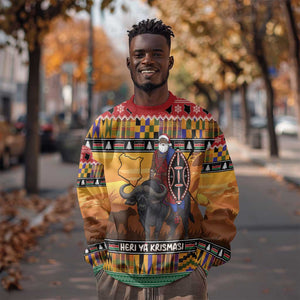 Afro Christmas in Kenya Safari Sweatshirt Black Santa Riding Cape Buffalo - African Pride