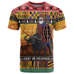 Afro Christmas in Kenya Safari T shirt Black Santa Riding Cape Buffalo - African Pride