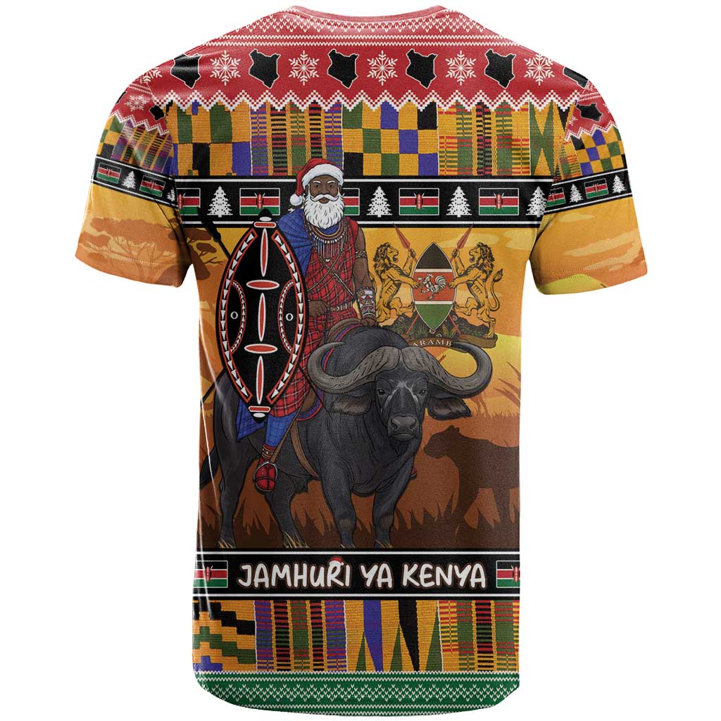 Afro Christmas in Kenya Safari T shirt Black Santa Riding Cape Buffalo - African Pride
