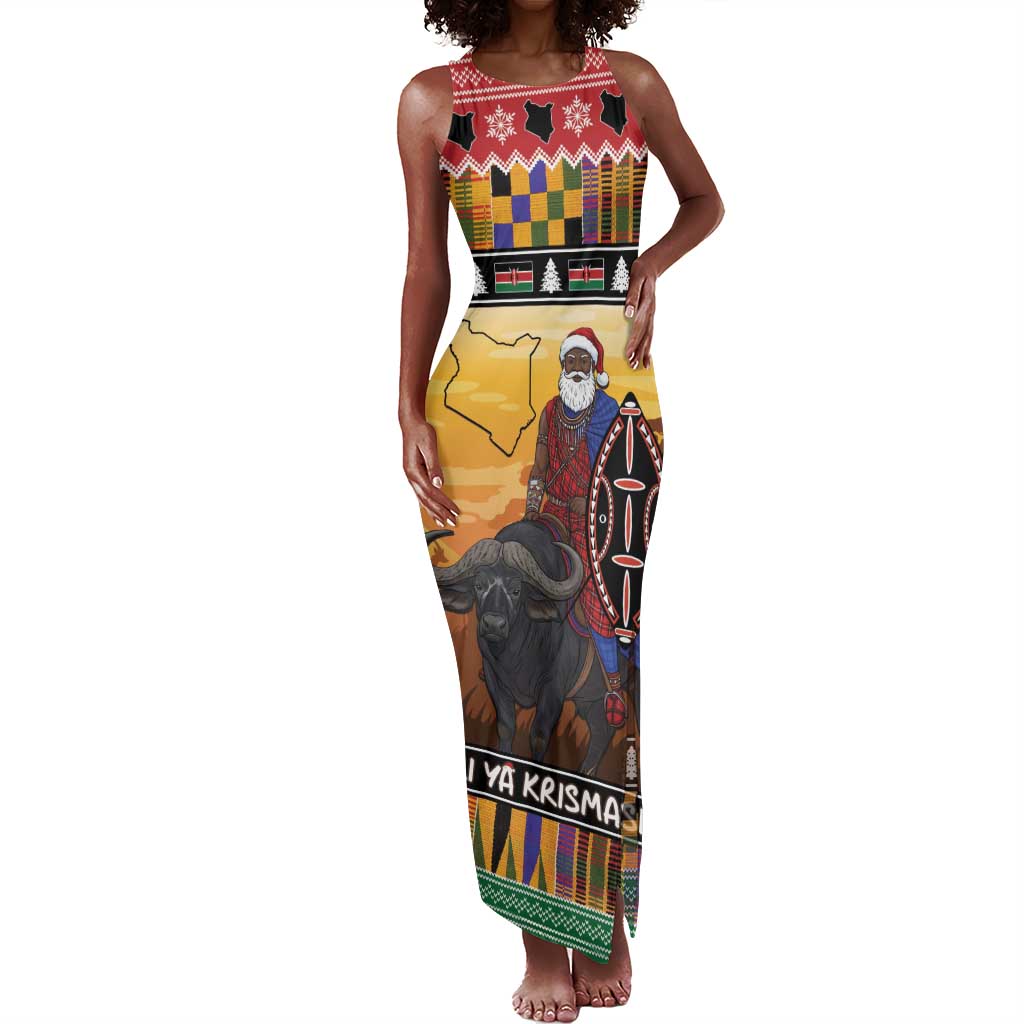 Afro Christmas in Kenya Safari Tank Maxi Dress Black Santa Riding Cape Buffalo - African Pride